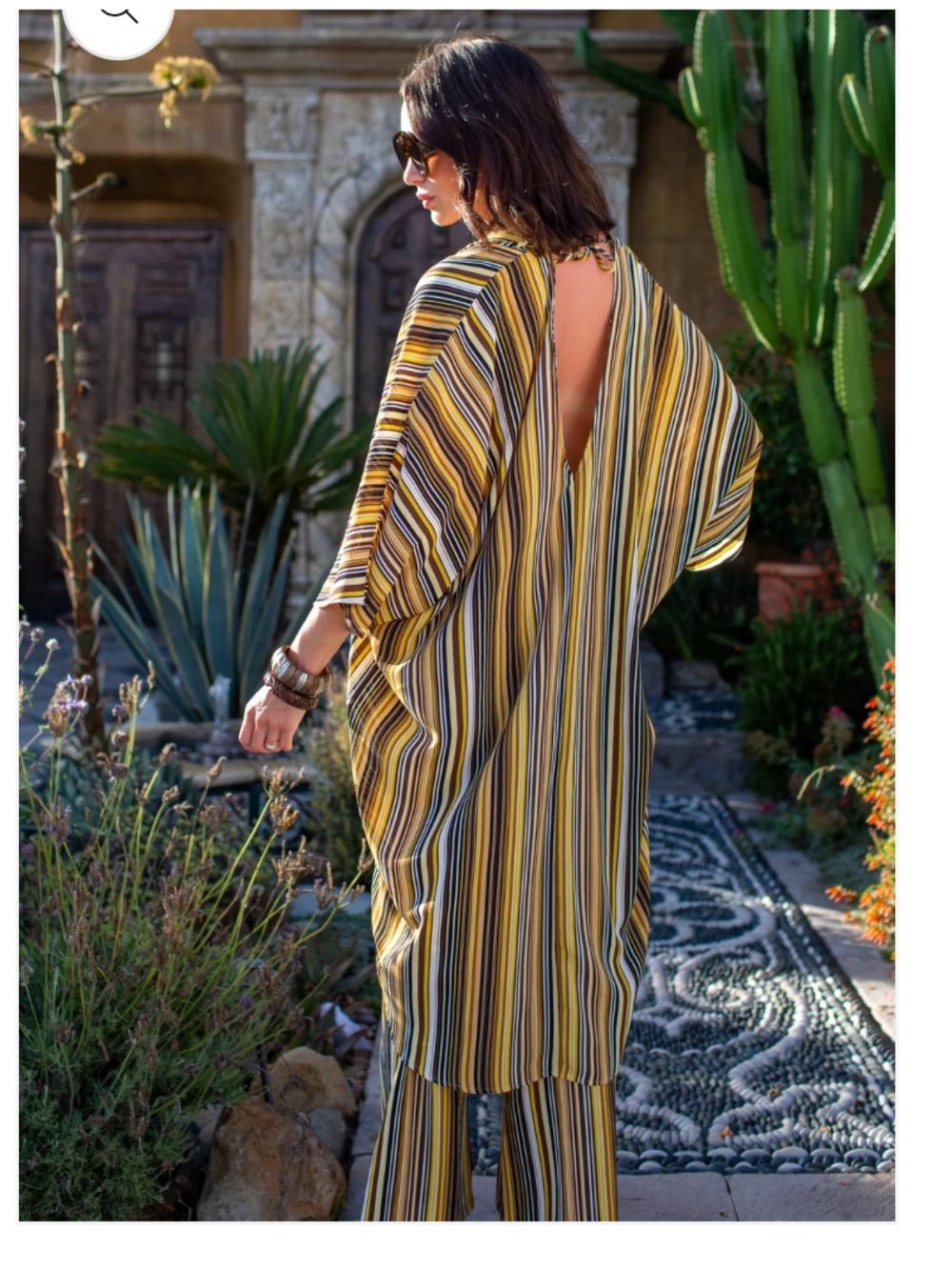 Jennafer Grace Yellow and brown Striped Caftan and wide leg pant set: Bohemian - Picture 2 of 9
